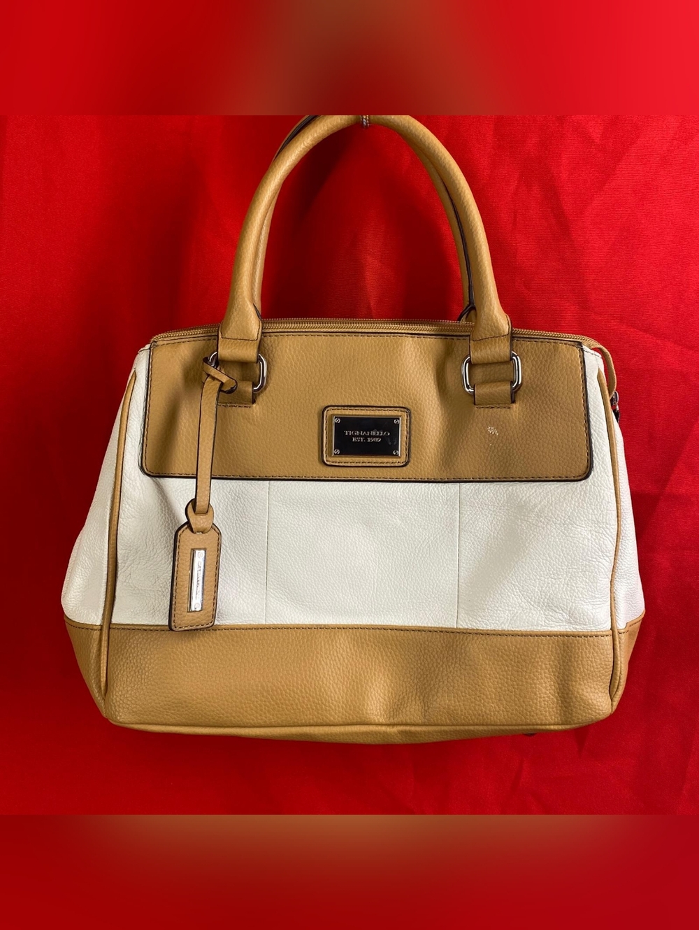 Tignanello  Two-Tone Satchel Handbag Tan Cream Ivory Faux Leather Shoulder Bag